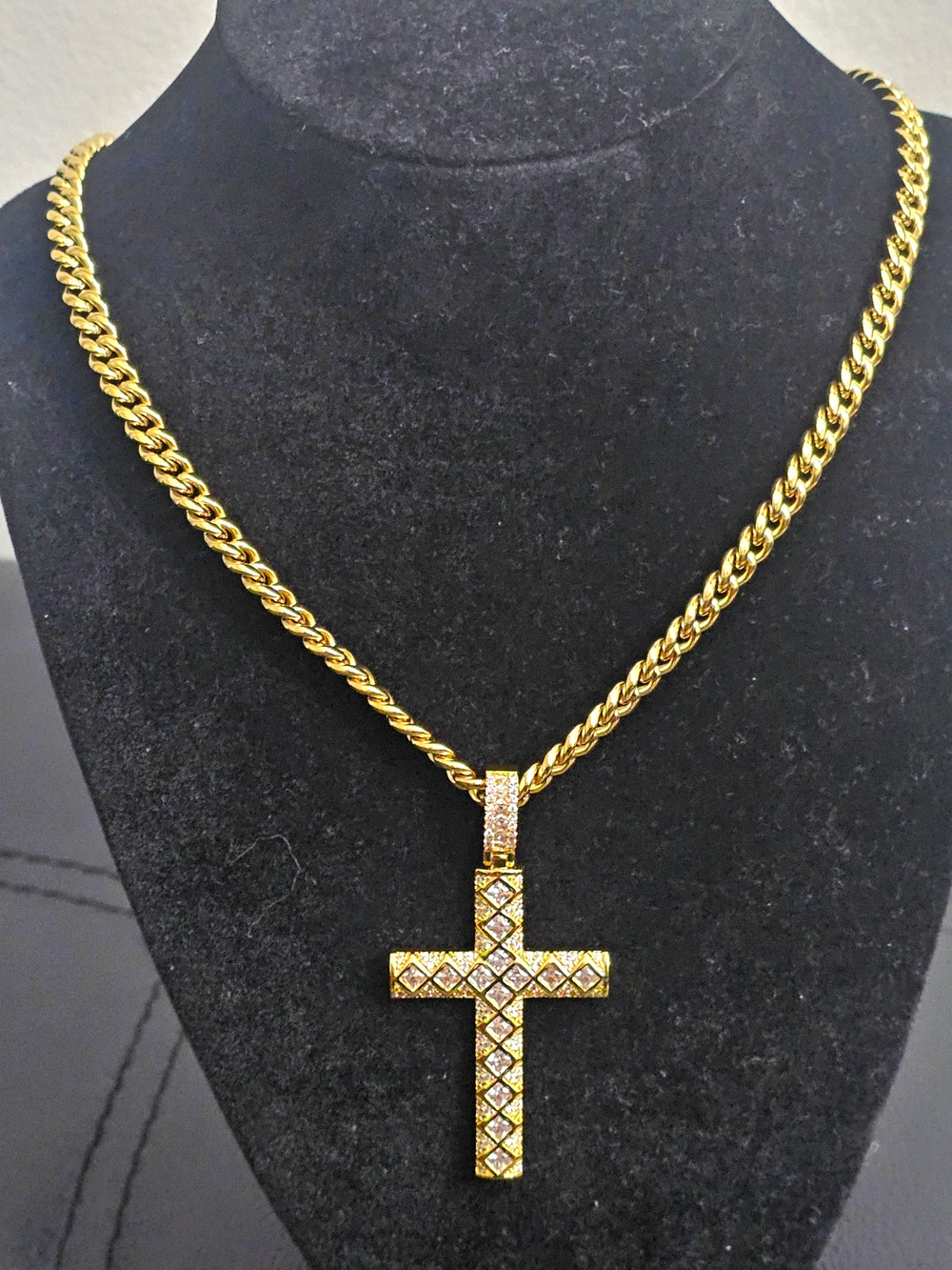 24in Gold-Plated Steel-6.1mm Cuban Link Chain w/CZ Cross Pendant